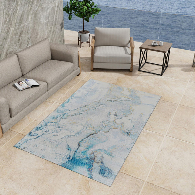 Blue and Ivory 7' 10 x 10' Outdoor Modern Rectangle Area Rug Weather Resistant for Patio, Deck, Terrace, Balcony, Porch 100% Polypropylene Modern Outside Carpet for Sale at Rug Engine