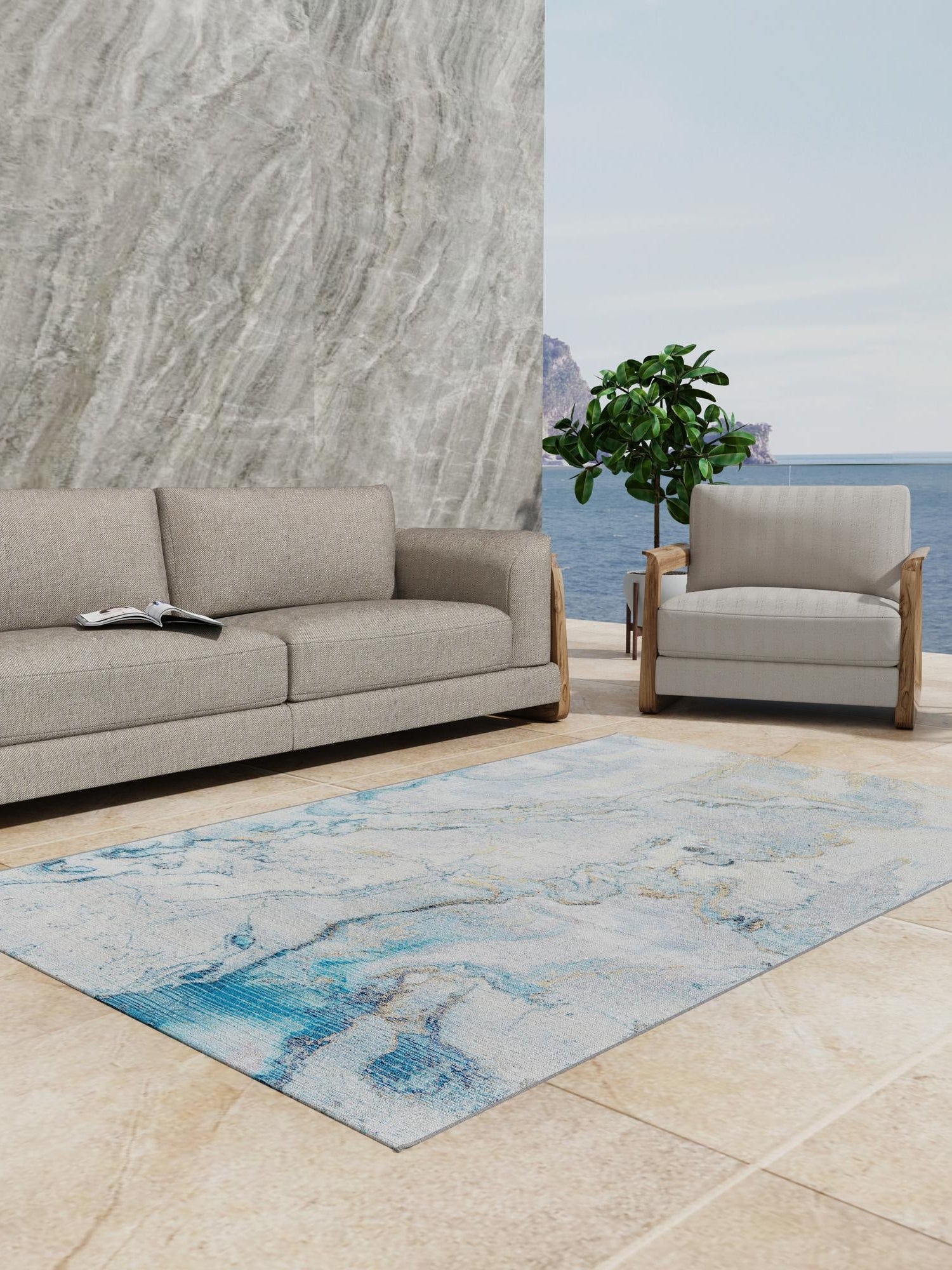 Blue and Ivory 7' 10 x 10' Outdoor Modern Rectangle Area Rug Weather Resistant for Patio, Deck, Terrace, Balcony, Porch 100% Polypropylene Modern Outside Carpet for Sale at Rug Engine