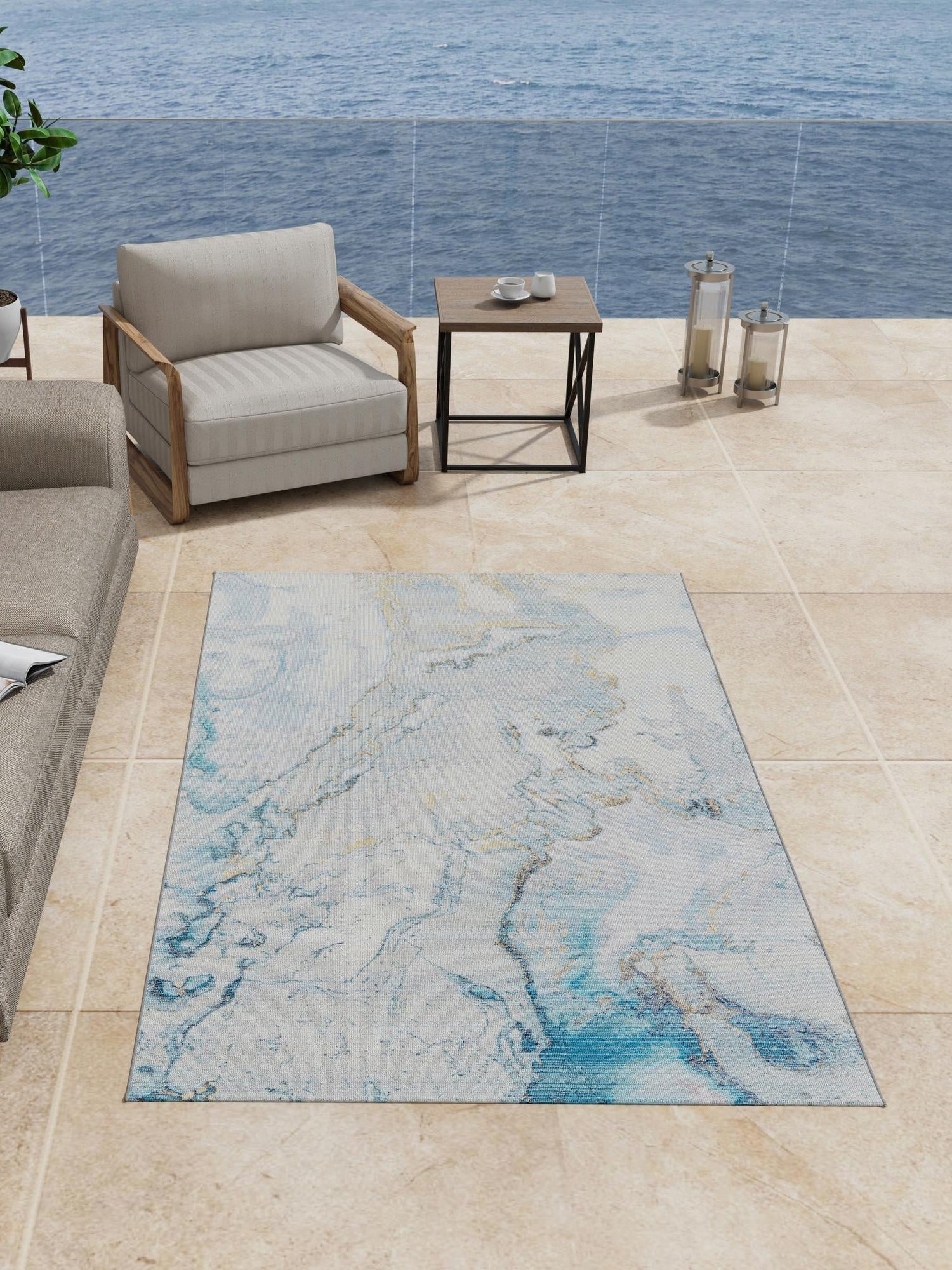 Blue and Ivory 7' 10 x 10' Outdoor Modern Rectangle Area Rug Weather Resistant for Patio, Deck, Terrace, Balcony, Porch 100% Polypropylene Modern Outside Carpet for Sale at Rug Engine