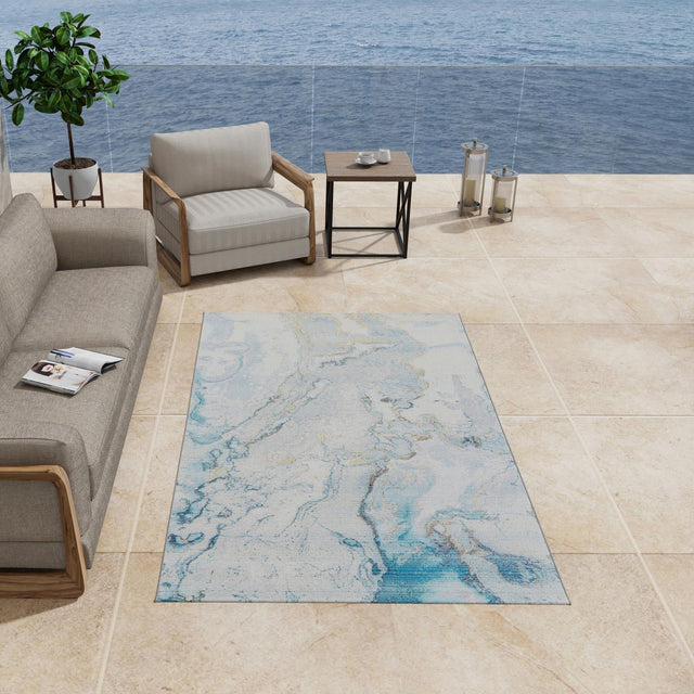 Blue and Ivory 5' 3 x 8' Outdoor Modern Rectangle Area Rug Weather Resistant for Patio, Deck, Terrace, Balcony, Porch 100% Polypropylene Modern Outside Carpet for Sale at Rug Engine