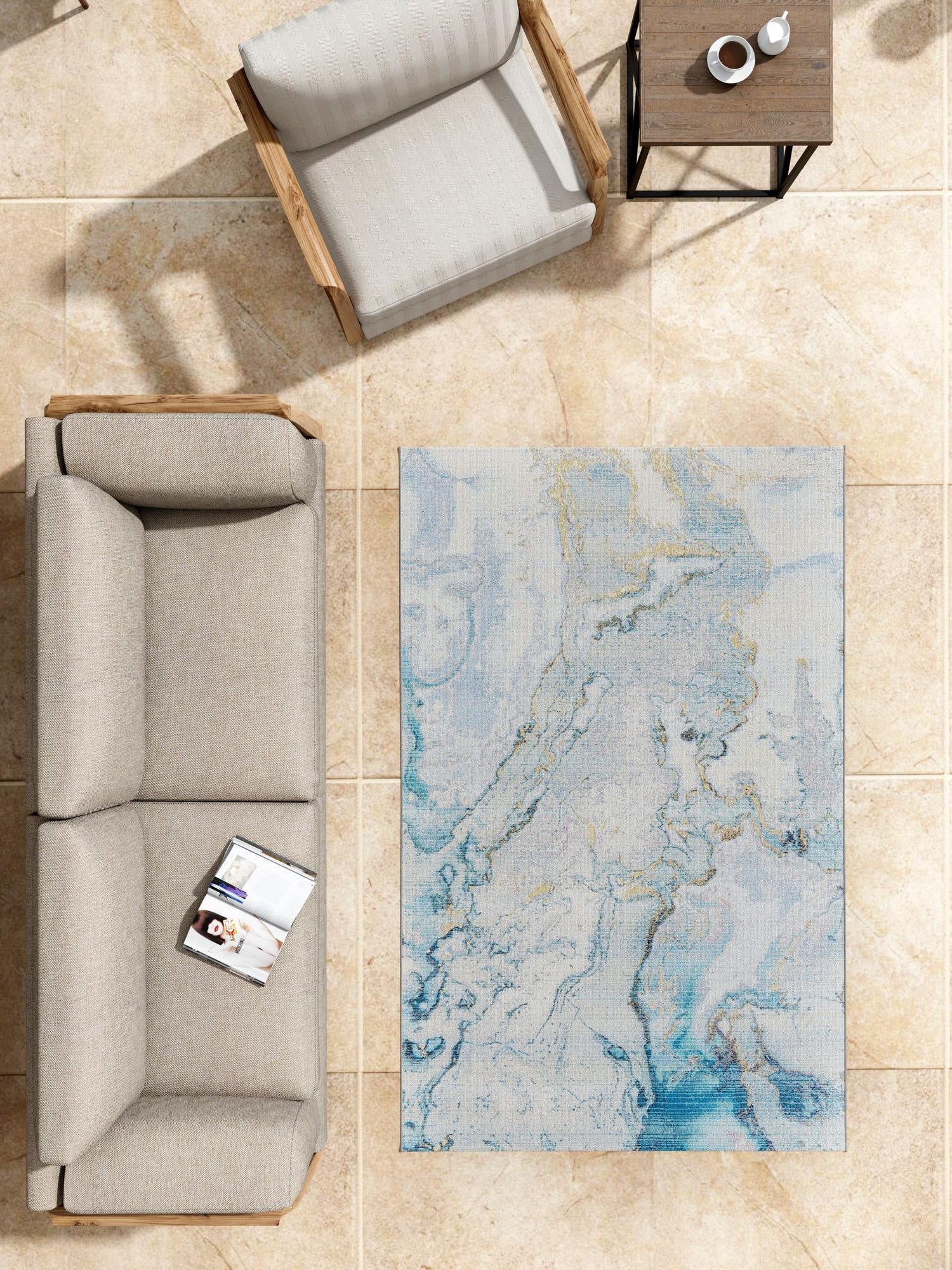 Blue and Ivory 7' 10 x 10' Outdoor Modern Rectangle Area Rug Weather Resistant for Patio, Deck, Terrace, Balcony, Porch 100% Polypropylene Modern Outside Carpet for Sale at Rug Engine