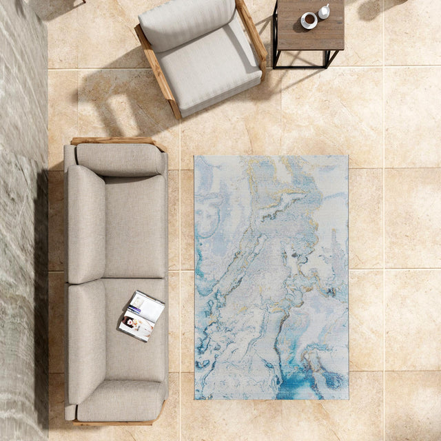 Blue and Ivory 7' 10 x 10' Outdoor Modern Rectangle Area Rug Weather Resistant for Patio, Deck, Terrace, Balcony, Porch 100% Polypropylene Modern Outside Carpet for Sale at Rug Engine