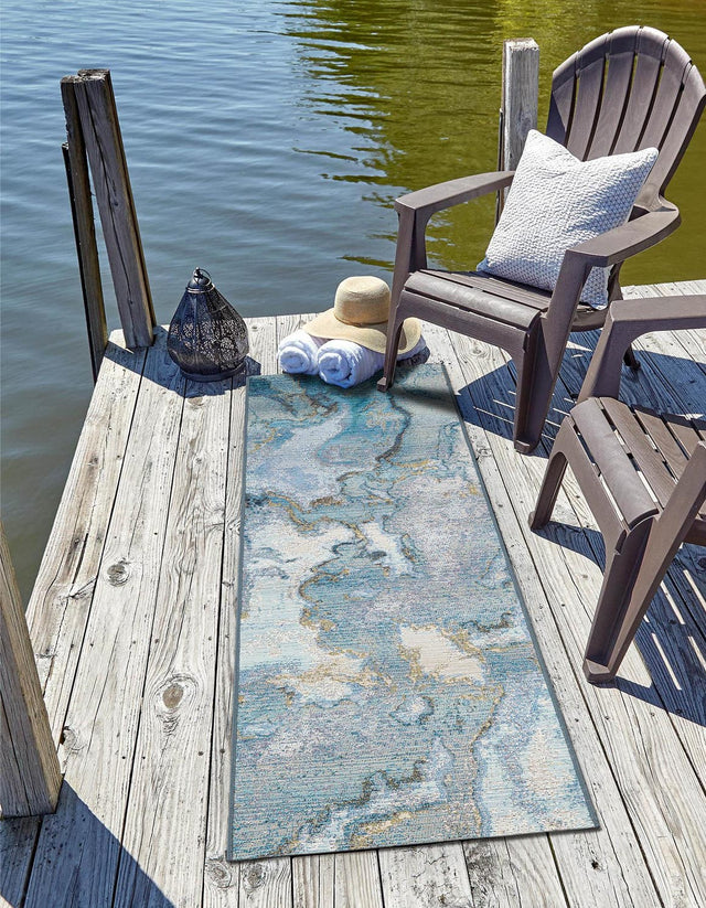 Blue and Ivory 2' 7 x 10' Outdoor Modern Runner Area Rug Weather Resistant for Patio, Deck, Terrace, Balcony, Porch 100% Polypropylene Modern Outside Carpet for Sale at Rug Engine