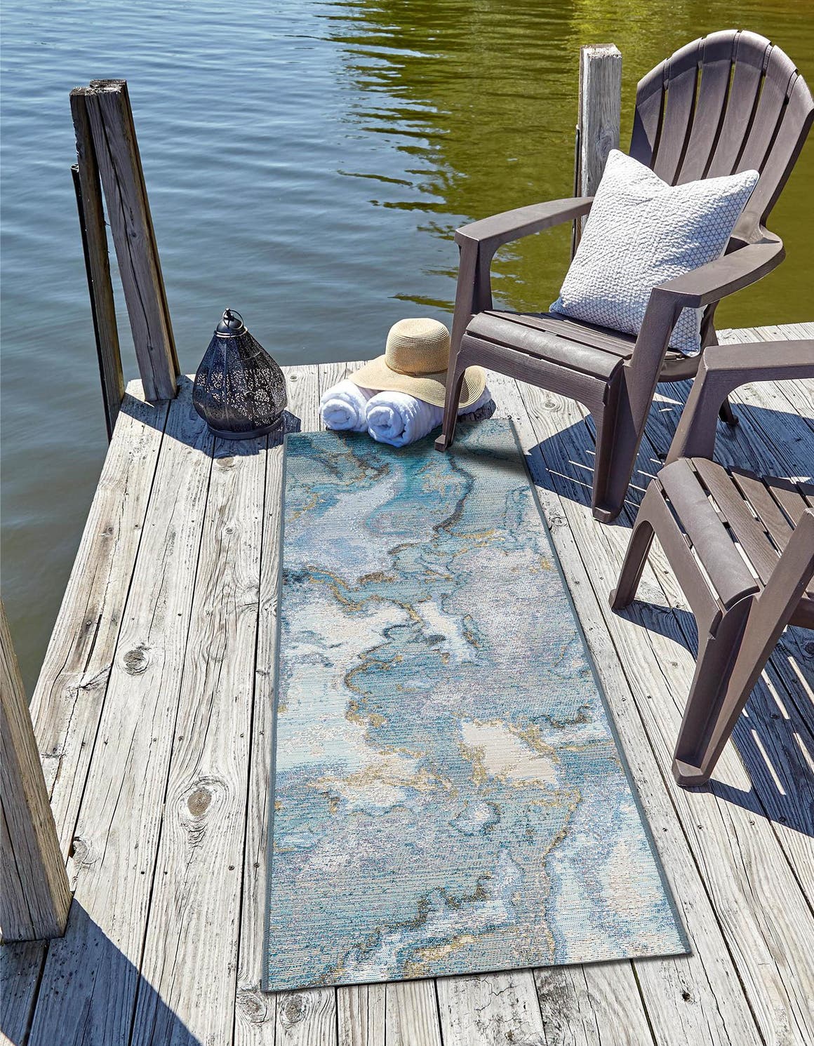 Blue and Ivory 2' x 5' 1 Outdoor Modern Runner Area Rug Weather Resistant for Patio, Deck, Terrace, Balcony, Porch 100% Polypropylene Modern Outside Carpet for Sale at Rug Engine