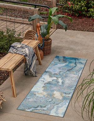 Blue and Ivory 2' 7 x 12' Outdoor Modern Runner Area Rug Weather Resistant for Patio, Deck, Terrace, Balcony, Porch 100% Polypropylene Modern Outside Carpet for Sale at Rug Engine