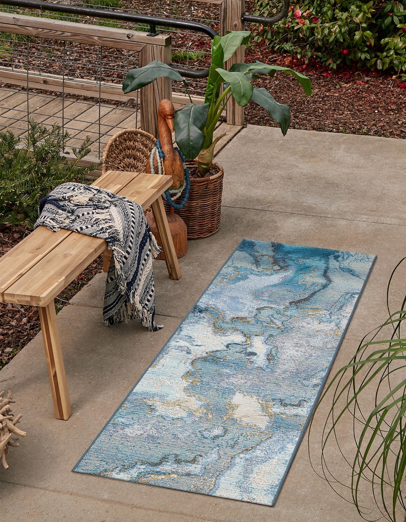Blue and Ivory 2' x 6' 1 Outdoor Modern Runner Area Rug Weather Resistant for Patio, Deck, Terrace, Balcony, Porch 100% Polypropylene Modern Outside Carpet for Sale at Rug Engine