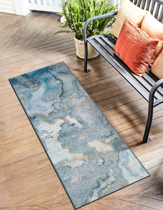 Blue and Ivory 2' 7 x 10' Outdoor Modern Runner Area Rug Weather Resistant for Patio, Deck, Terrace, Balcony, Porch 100% Polypropylene Modern Outside Carpet for Sale at Rug Engine