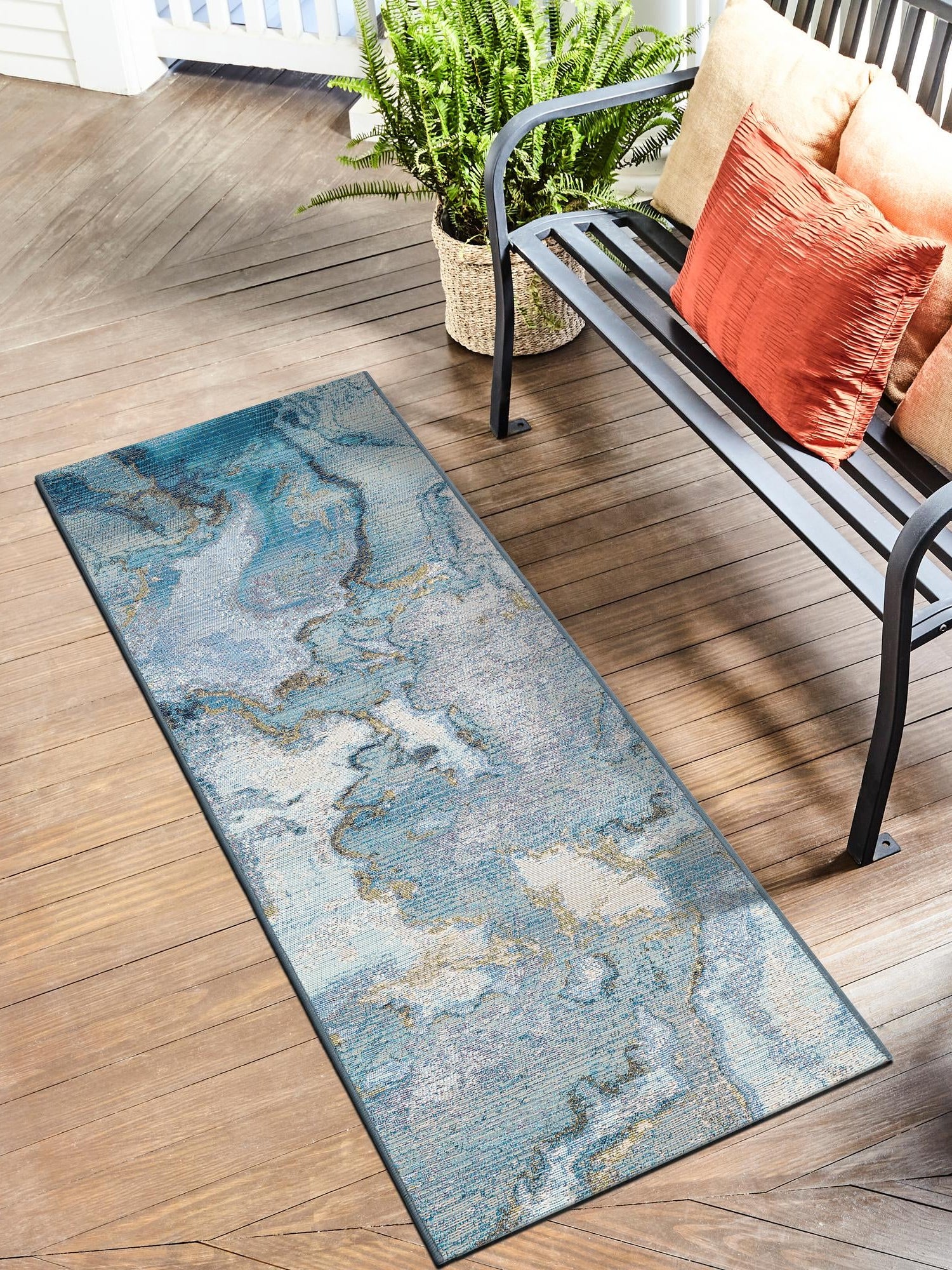 Blue and Ivory 2' x 8' Outdoor Modern Runner Area Rug Weather Resistant for Patio, Deck, Terrace, Balcony, Porch 100% Polypropylene Modern Outside Carpet for Sale at Rug Engine