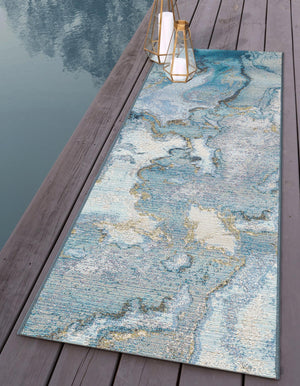 Blue and Ivory 2' 7 x 12' Outdoor Modern Runner Area Rug Weather Resistant for Patio, Deck, Terrace, Balcony, Porch 100% Polypropylene Modern Outside Carpet for Sale at Rug Engine