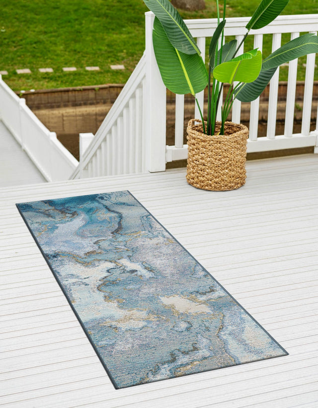 Blue and Ivory 2' 7 x 12' Outdoor Modern Runner Area Rug Weather Resistant for Patio, Deck, Terrace, Balcony, Porch 100% Polypropylene Modern Outside Carpet for Sale at Rug Engine