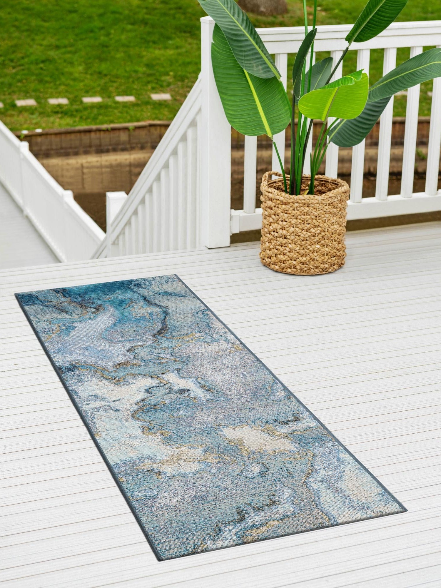 Blue and Ivory 2' x 8' Outdoor Modern Runner Area Rug Weather Resistant for Patio, Deck, Terrace, Balcony, Porch 100% Polypropylene Modern Outside Carpet for Sale at Rug Engine
