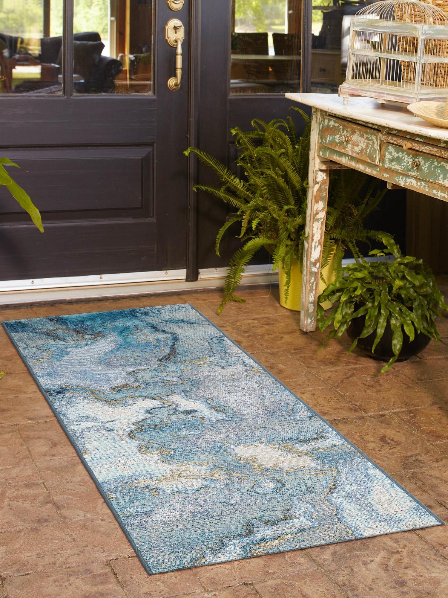 Blue and Ivory 2' 7 x 10' Outdoor Modern Runner Area Rug Weather Resistant for Patio, Deck, Terrace, Balcony, Porch 100% Polypropylene Modern Outside Carpet for Sale at Rug Engine