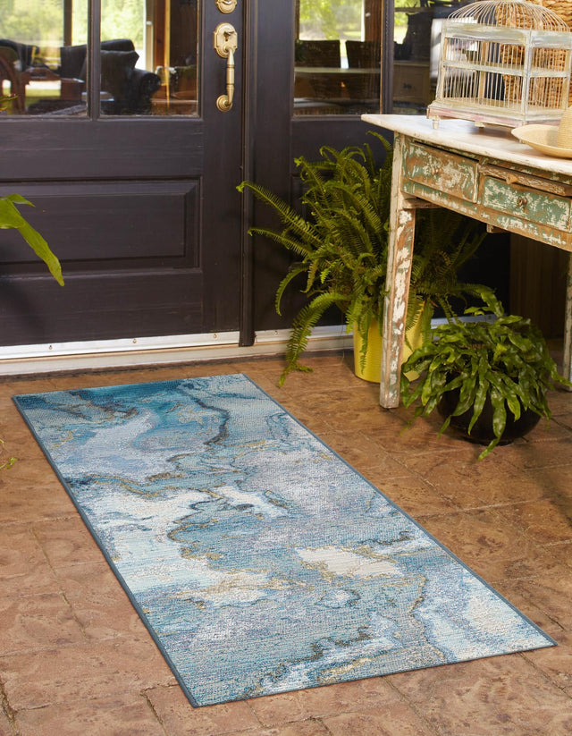 Blue and Ivory 2' x 5' 1 Outdoor Modern Runner Area Rug Weather Resistant for Patio, Deck, Terrace, Balcony, Porch 100% Polypropylene Modern Outside Carpet for Sale at Rug Engine