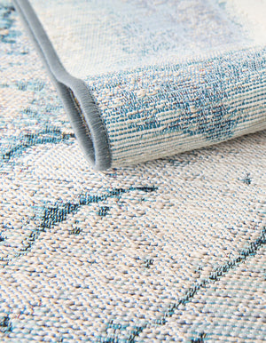 Blue and Ivory 2' 7 x 12' Outdoor Modern Runner Area Rug Weather Resistant for Patio, Deck, Terrace, Balcony, Porch 100% Polypropylene Modern Outside Carpet for Sale at Rug Engine