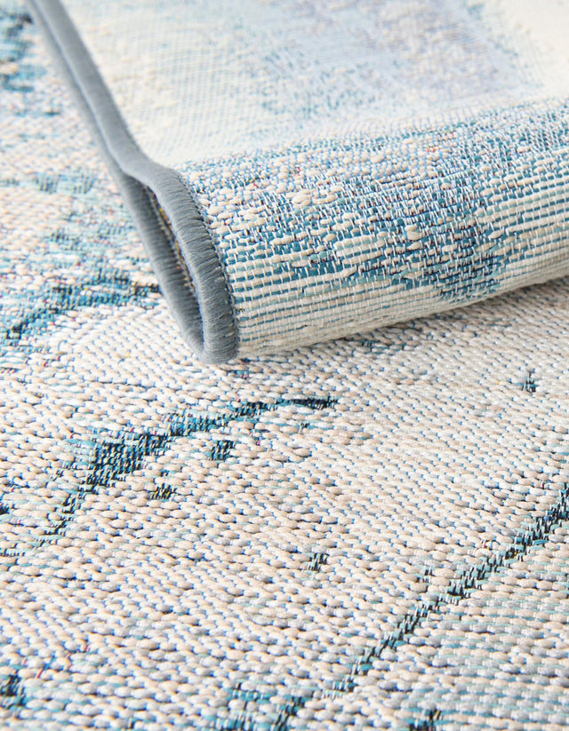 Blue and Ivory 2' 7 x 12' Outdoor Modern Runner Area Rug Weather Resistant for Patio, Deck, Terrace, Balcony, Porch 100% Polypropylene Modern Outside Carpet for Sale at Rug Engine