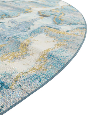 Blue and Ivory 5' 3 x 5' 3 Outdoor Modern Round Area Rug Weather Resistant for Patio, Deck, Terrace, Balcony, Porch 100% Polypropylene Modern Outside Carpet for Sale at Rug Engine