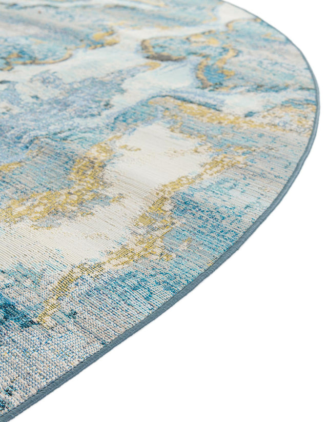 Blue and Ivory 5' 3 x 5' 3 Outdoor Modern Round Area Rug Weather Resistant for Patio, Deck, Terrace, Balcony, Porch 100% Polypropylene Modern Outside Carpet for Sale at Rug Engine