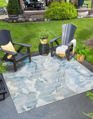 Blue and Ivory 7' 10 x 7' 10 Outdoor Modern Square Area Rug Weather Resistant for Patio, Deck, Terrace, Balcony, Porch 100% Polypropylene Modern Outside Carpet for Sale at Rug Engine