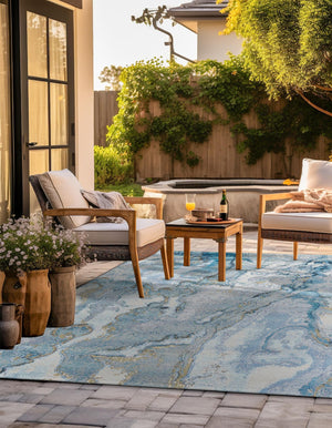 Blue and Ivory 10' x 10' Outdoor Modern Square Area Rug Weather Resistant for Patio, Deck, Terrace, Balcony, Porch 100% Polypropylene Modern Outside Carpet for Sale at Rug Engine