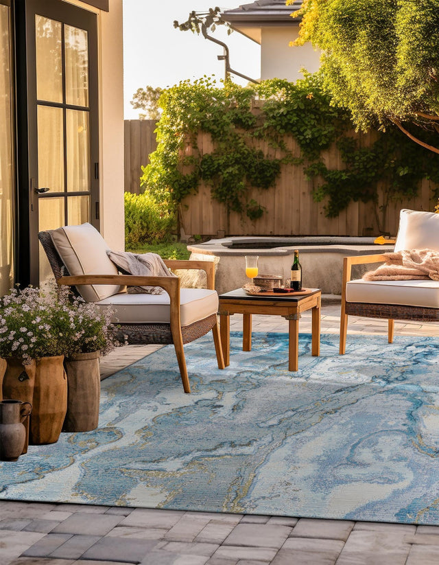 Blue and Ivory 10' x 10' Outdoor Modern Square Area Rug Weather Resistant for Patio, Deck, Terrace, Balcony, Porch 100% Polypropylene Modern Outside Carpet for Sale at Rug Engine