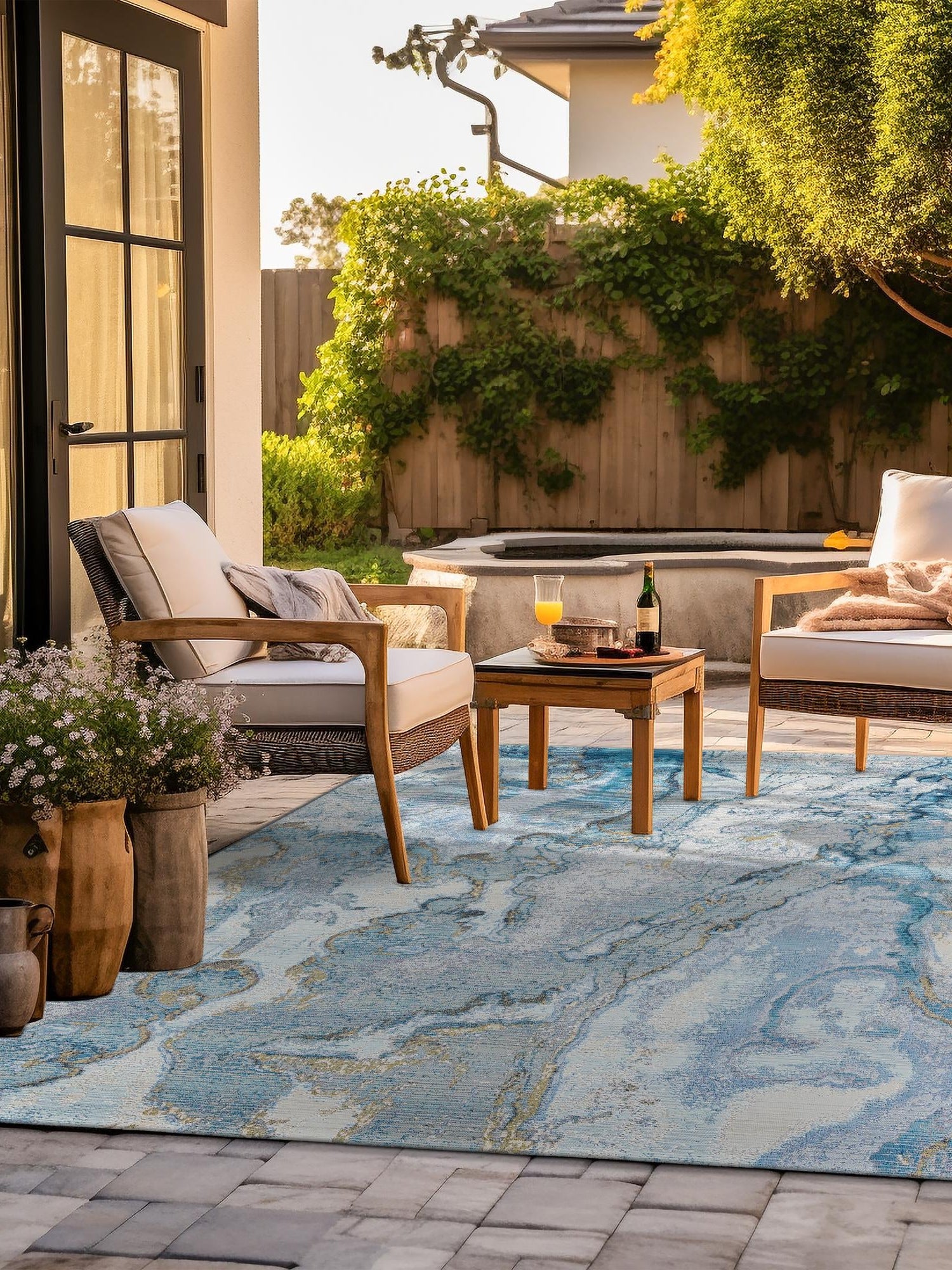 Blue and Ivory 7' 10 x 7' 10 Outdoor Modern Square Area Rug Weather Resistant for Patio, Deck, Terrace, Balcony, Porch 100% Polypropylene Modern Outside Carpet for Sale at Rug Engine