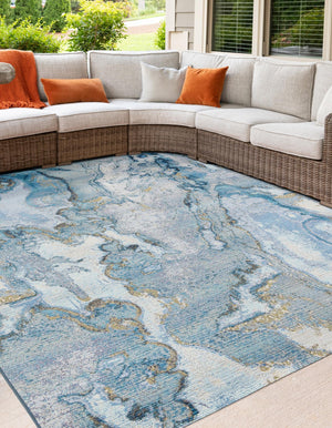 Blue and Ivory 7' 10 x 7' 10 Outdoor Modern Square Area Rug Weather Resistant for Patio, Deck, Terrace, Balcony, Porch 100% Polypropylene Modern Outside Carpet for Sale at Rug Engine