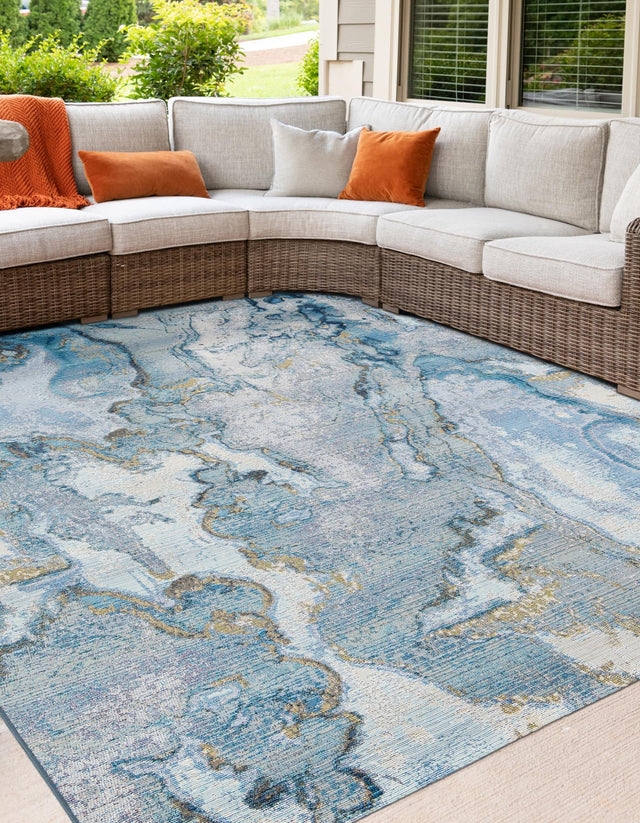 Blue and Ivory 7' 10 x 7' 10 Outdoor Modern Square Area Rug Weather Resistant for Patio, Deck, Terrace, Balcony, Porch 100% Polypropylene Modern Outside Carpet for Sale at Rug Engine