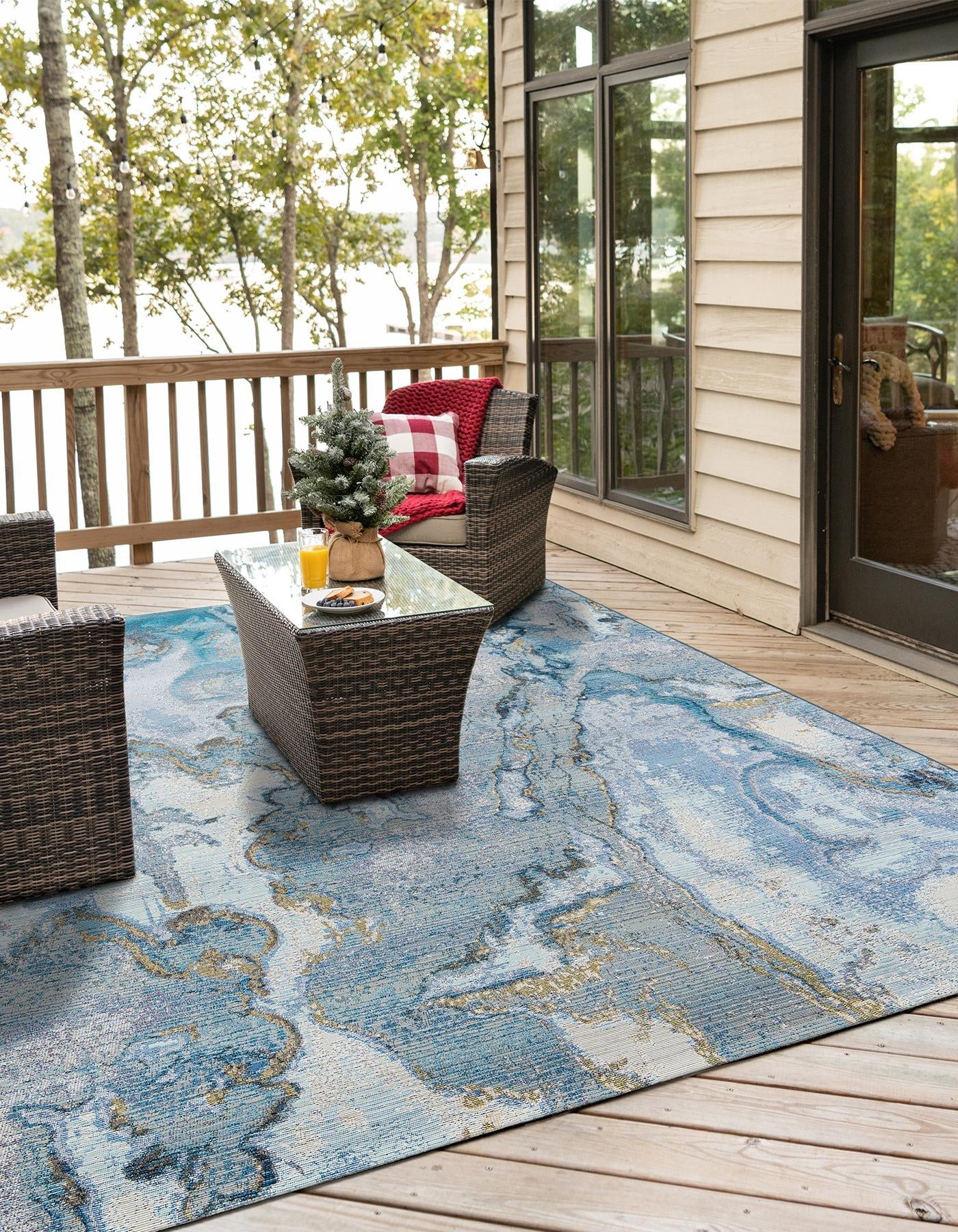 Blue and Ivory 7' 10 x 7' 10 Outdoor Modern Square Area Rug Weather Resistant for Patio, Deck, Terrace, Balcony, Porch 100% Polypropylene Modern Outside Carpet for Sale at Rug Engine