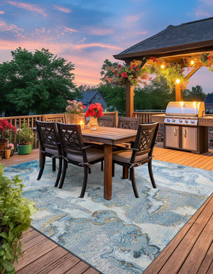 Blue and Ivory 10' x 10' Outdoor Modern Square Area Rug Weather Resistant for Patio, Deck, Terrace, Balcony, Porch 100% Polypropylene Modern Outside Carpet for Sale at Rug Engine