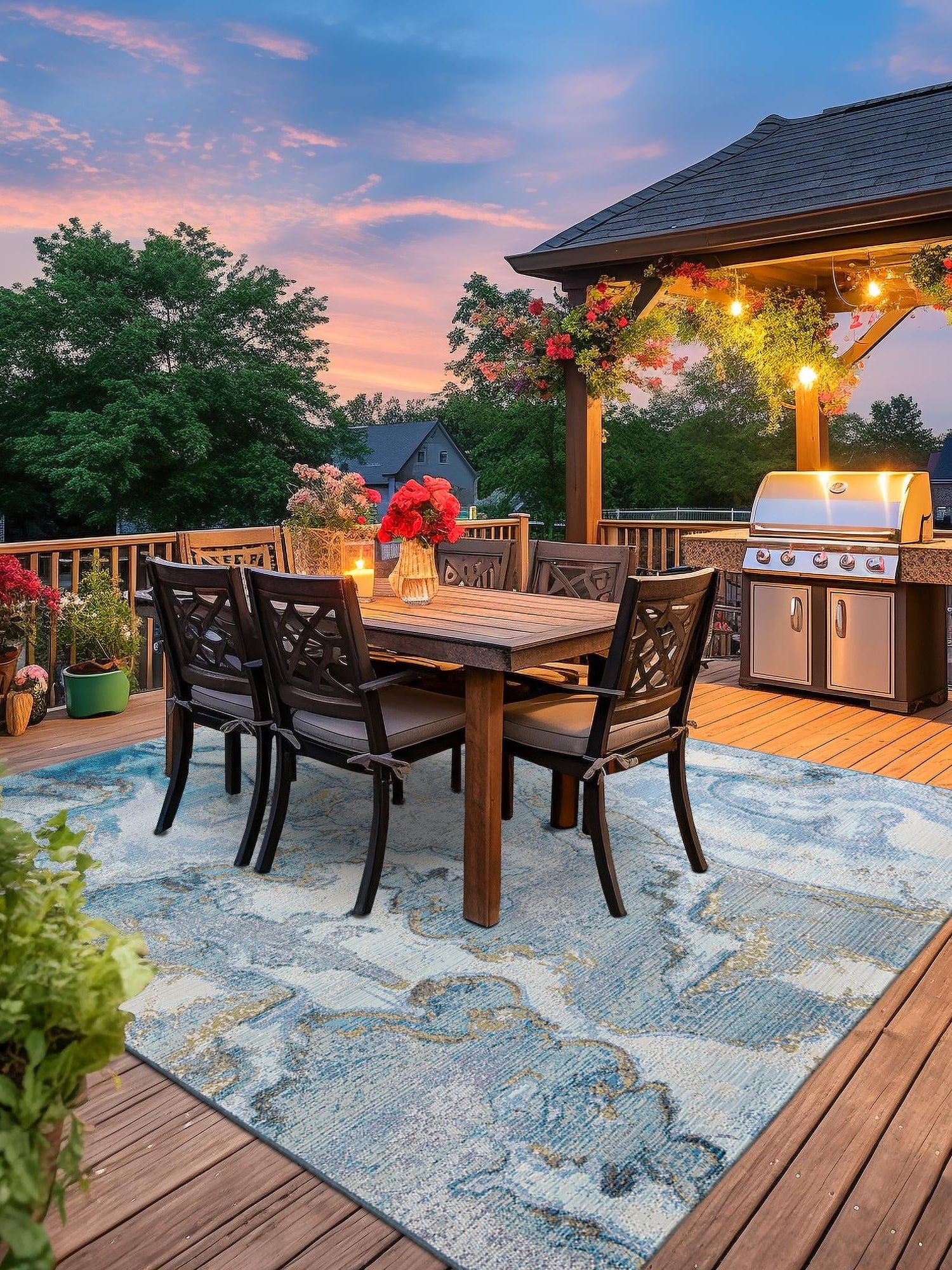 Blue and Ivory 7' 10 x 7' 10 Outdoor Modern Square Area Rug Weather Resistant for Patio, Deck, Terrace, Balcony, Porch 100% Polypropylene Modern Outside Carpet for Sale at Rug Engine