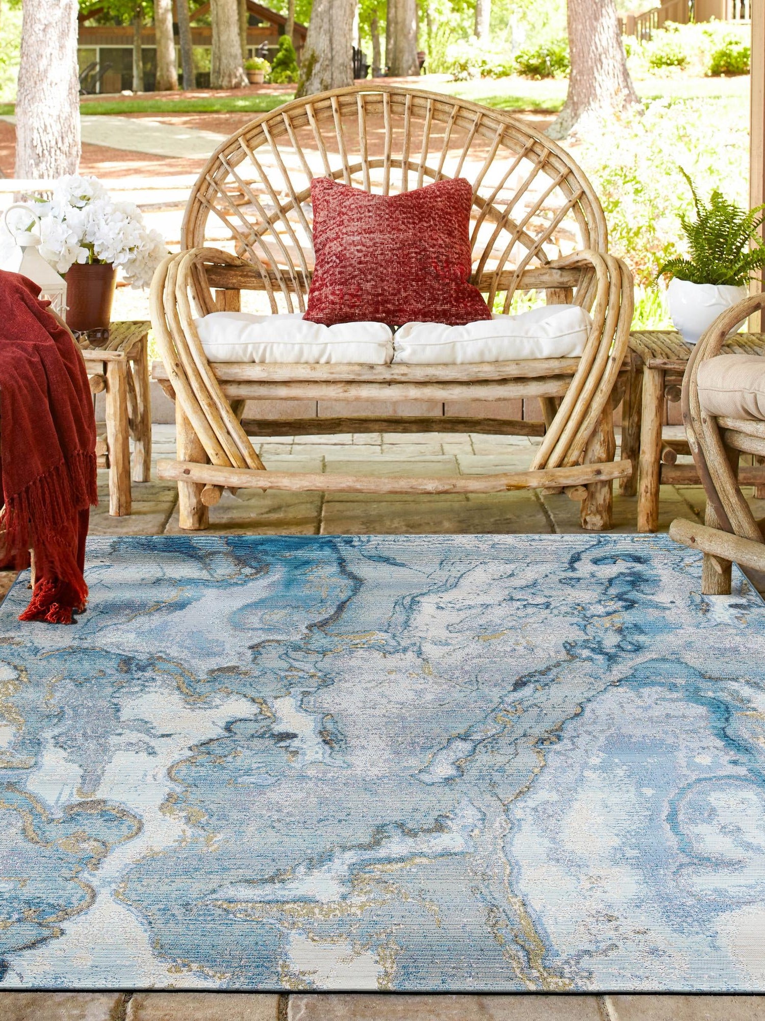 Blue and Ivory 7' 10 x 7' 10 Outdoor Modern Square Area Rug Weather Resistant for Patio, Deck, Terrace, Balcony, Porch 100% Polypropylene Modern Outside Carpet for Sale at Rug Engine