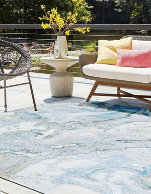 Blue and Ivory 7' 10 x 7' 10 Outdoor Modern Square Area Rug Weather Resistant for Patio, Deck, Terrace, Balcony, Porch 100% Polypropylene Modern Outside Carpet for Sale at Rug Engine