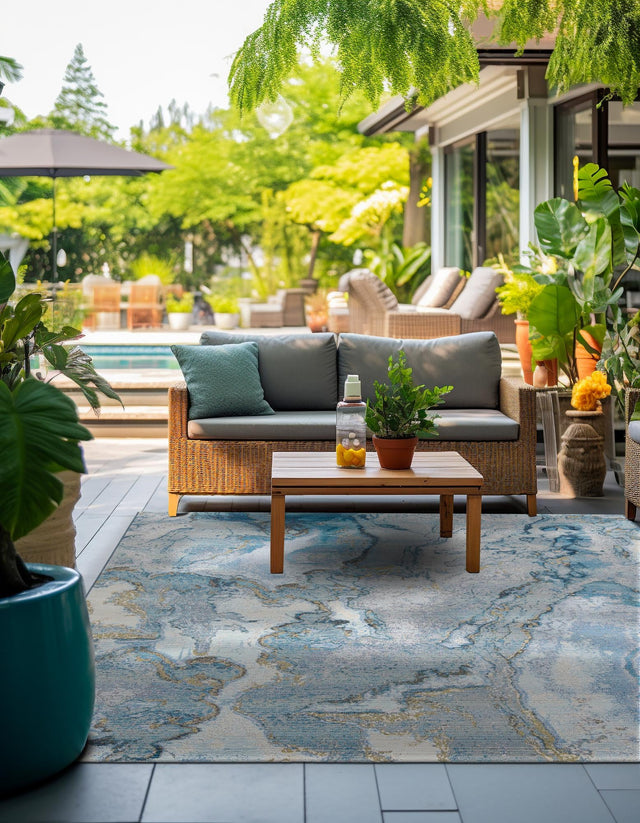 Blue and Ivory 7' 10 x 7' 10 Outdoor Modern Square Area Rug Weather Resistant for Patio, Deck, Terrace, Balcony, Porch 100% Polypropylene Modern Outside Carpet for Sale at Rug Engine
