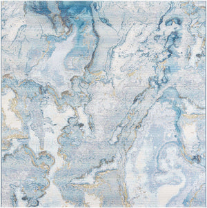 Blue and Ivory 7' 10 x 7' 10 Outdoor Modern Square Area Rug Weather Resistant for Patio, Deck, Terrace, Balcony, Porch 100% Polypropylene Modern Outside Carpet for Sale at Rug Engine