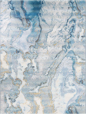Blue and Ivory 9' x 12' Outdoor Modern Rectangle Area Rug Weather Resistant for Patio, Deck, Terrace, Balcony, Porch 100% Polypropylene Modern Outside Carpet for Sale at Rug Engine