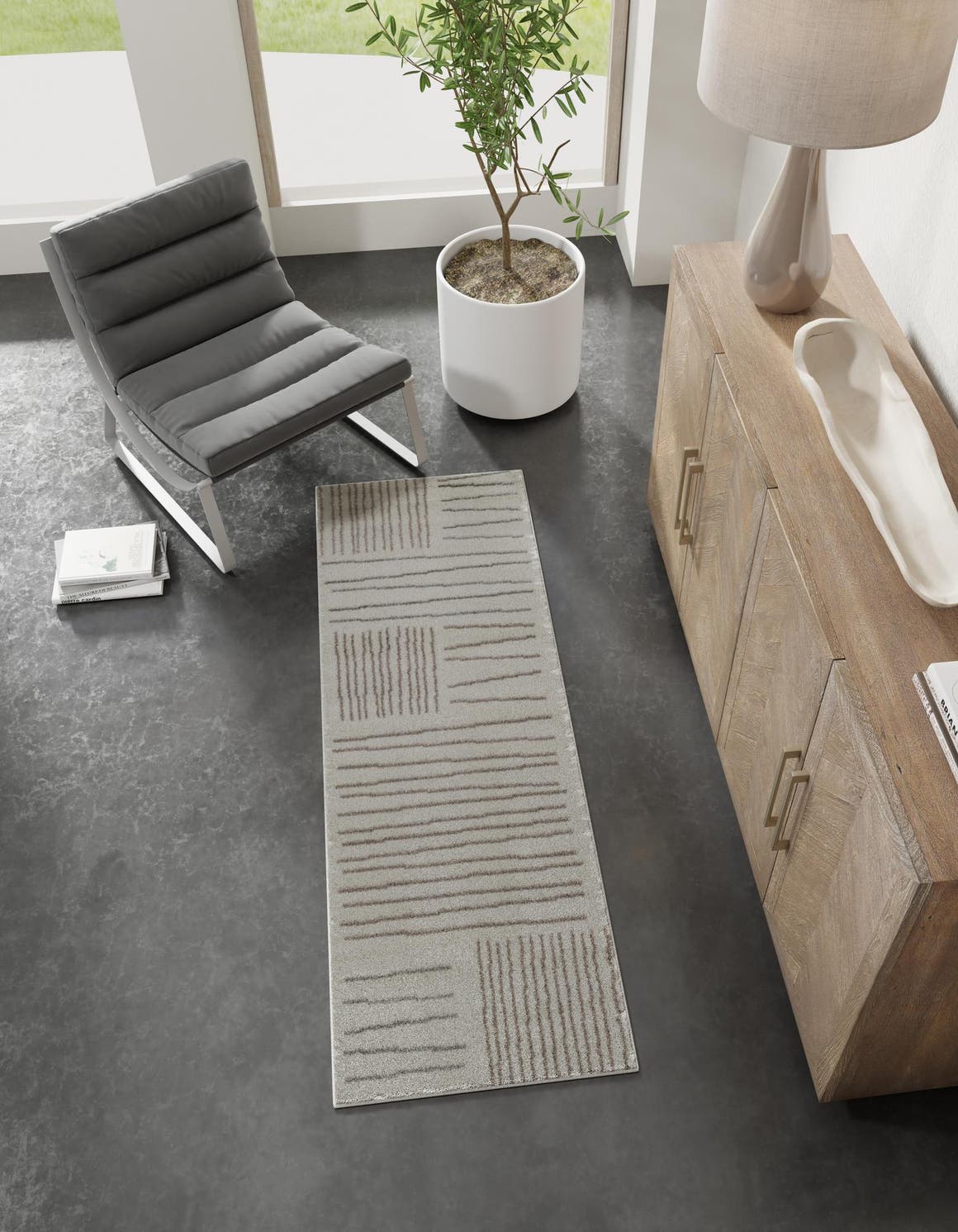 Ivory 2' 7 x 12' Hanahan Runner Area Rug 100% Polypropylene With Jute Backing Abstract Geometric Modern Carpet for Living, Dining Room, Office Space for Sale at Rug Engine