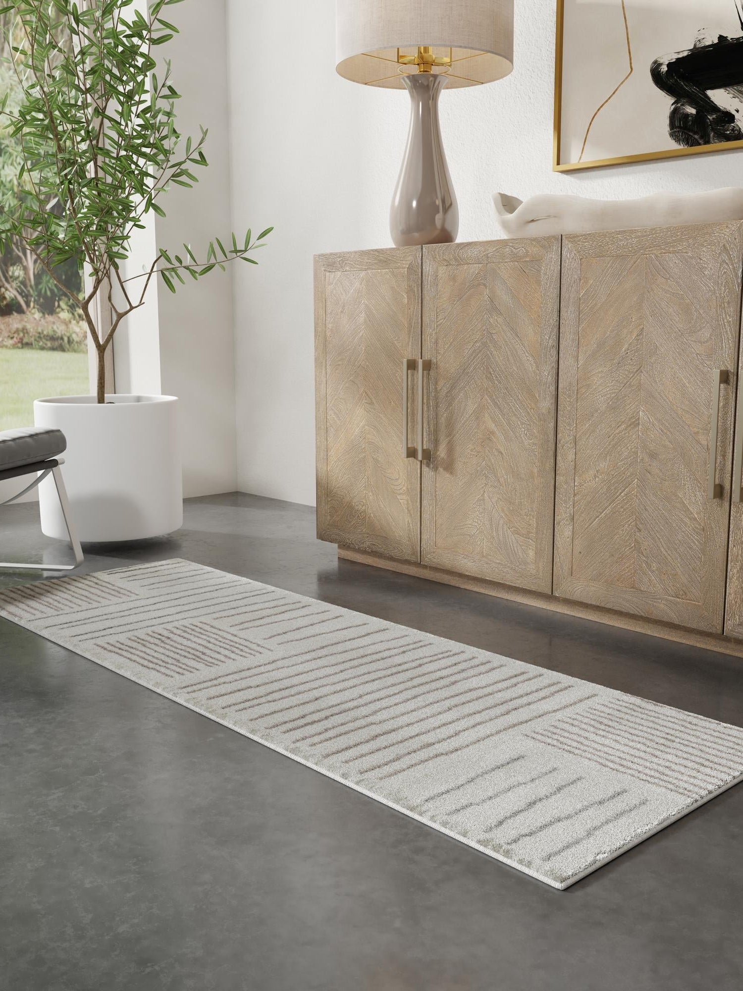Ivory 2' 7 x 12' Hanahan Runner Area Rug 100% Polypropylene With Jute Backing Abstract Geometric Modern Carpet for Living, Dining Room, Office Space for Sale at Rug Engine