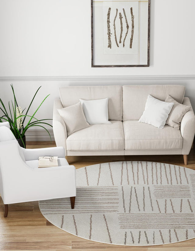 Ivory 3' 1 x 3' 1 Hanahan Round Area Rug 100% Polypropylene With Jute Backing Abstract Geometric Modern Carpet for Living, Dining Room, Office Space for Sale at Rug Engine