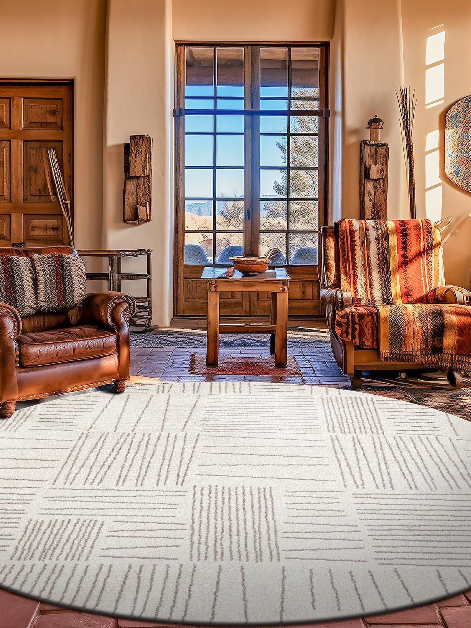 Ivory 3' 1 x 3' 1 Hanahan Round Area Rug 100% Polypropylene With Jute Backing Abstract Geometric Modern Carpet for Living, Dining Room, Office Space for Sale at Rug Engine