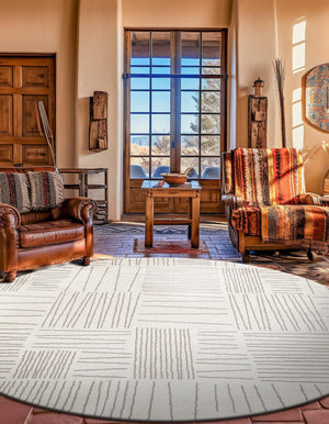 Ivory 7' 10 x 7' 10 Hanahan Round Area Rug 100% Polypropylene With Jute Backing Abstract Geometric Modern Carpet for Living, Dining Room, Office Space for Sale at Rug Engine