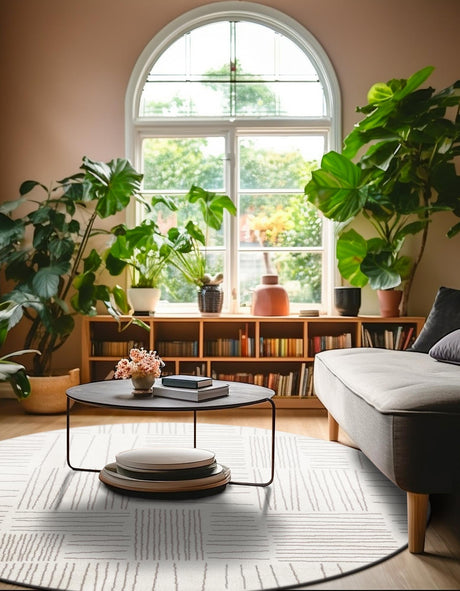 Ivory 7' 10 x 7' 10 Hanahan Round Area Rug 100% Polypropylene With Jute Backing Abstract Geometric Modern Carpet for Living, Dining Room, Office Space for Sale at Rug Engine