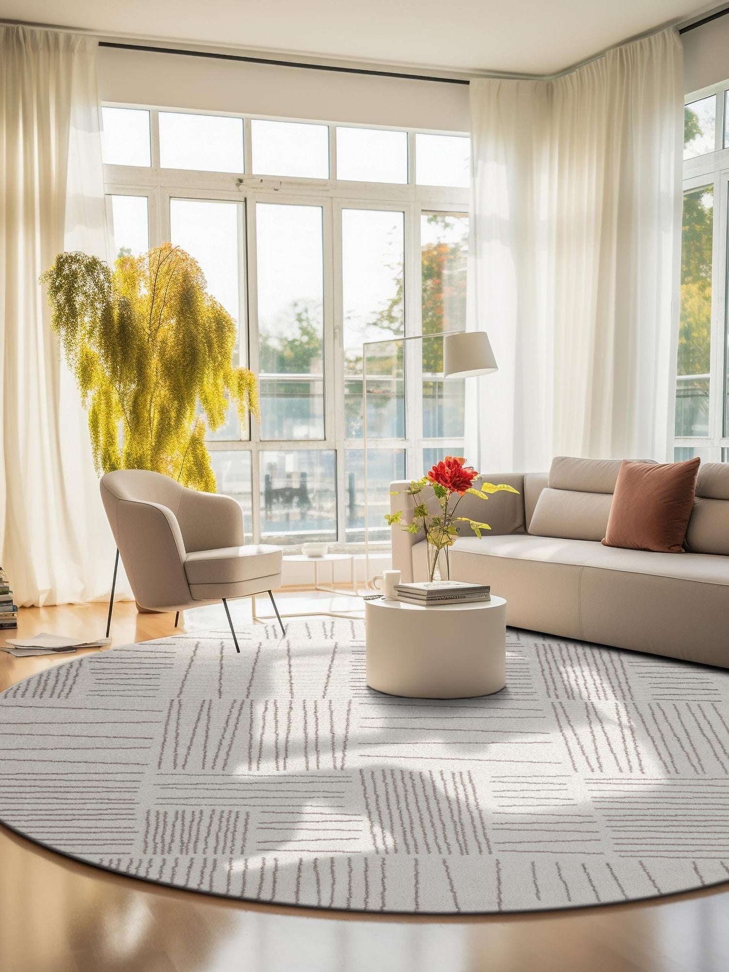 Ivory 7' 10 x 7' 10 Hanahan Round Area Rug 100% Polypropylene With Jute Backing Abstract Geometric Modern Carpet for Living, Dining Room, Office Space for Sale at Rug Engine