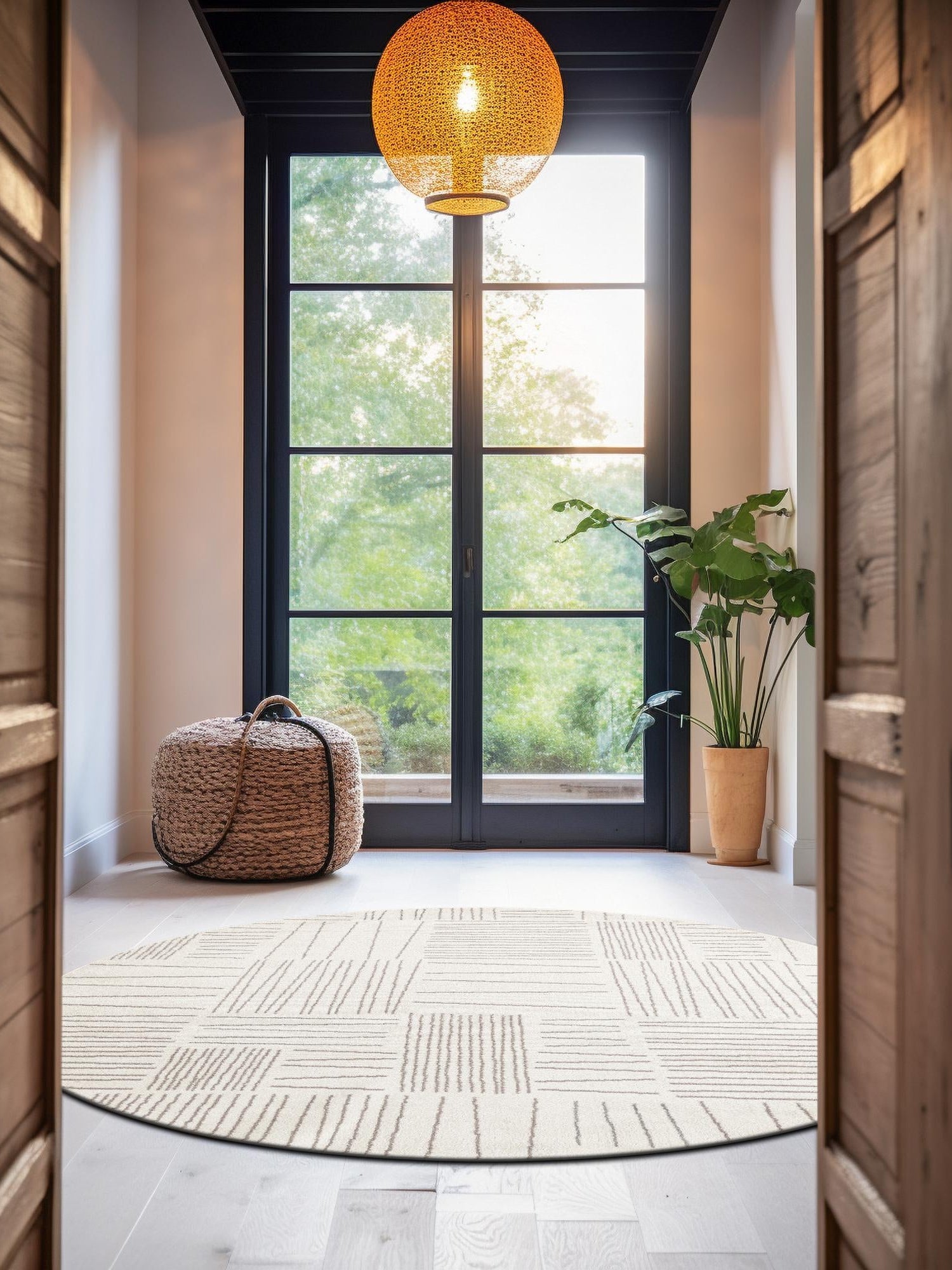Ivory 7' 10 x 7' 10 Hanahan Round Area Rug 100% Polypropylene With Jute Backing Abstract Geometric Modern Carpet for Living, Dining Room, Office Space for Sale at Rug Engine