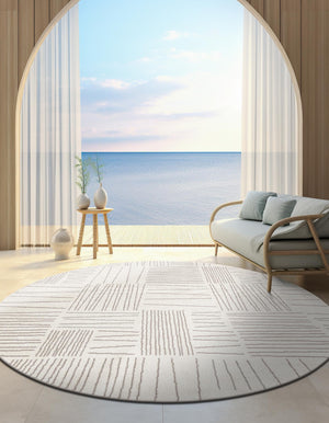 Ivory 5' 3 x 5' 3 Hanahan Round Area Rug 100% Polypropylene With Jute Backing Abstract Geometric Modern Carpet for Living, Dining Room, Office Space for Sale at Rug Engine
