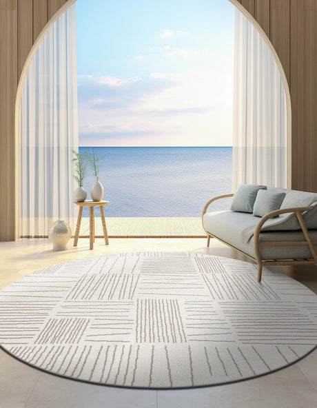 Ivory 5' 3 x 5' 3 Hanahan Round Area Rug 100% Polypropylene With Jute Backing Abstract Geometric Modern Carpet for Living, Dining Room, Office Space for Sale at Rug Engine