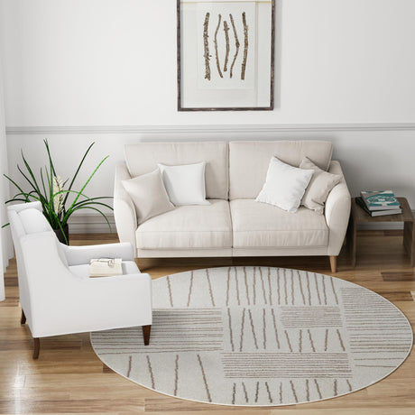 Ivory 5' 3 x 5' 3 Hanahan Round Area Rug 100% Polypropylene With Jute Backing Abstract Geometric Modern Carpet for Living, Dining Room, Office Space for Sale at Rug Engine