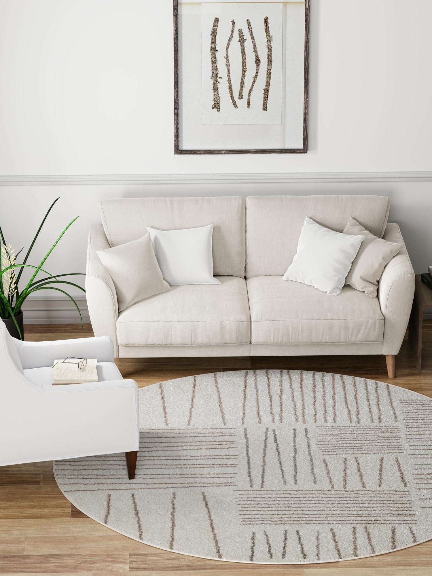 Ivory 7' 10 x 7' 10 Hanahan Round Area Rug 100% Polypropylene With Jute Backing Abstract Geometric Modern Carpet for Living, Dining Room, Office Space for Sale at Rug Engine