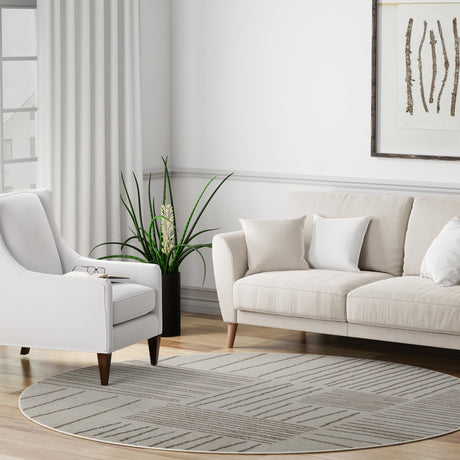 Ivory 5' 3 x 5' 3 Hanahan Round Area Rug 100% Polypropylene With Jute Backing Abstract Geometric Modern Carpet for Living, Dining Room, Office Space for Sale at Rug Engine