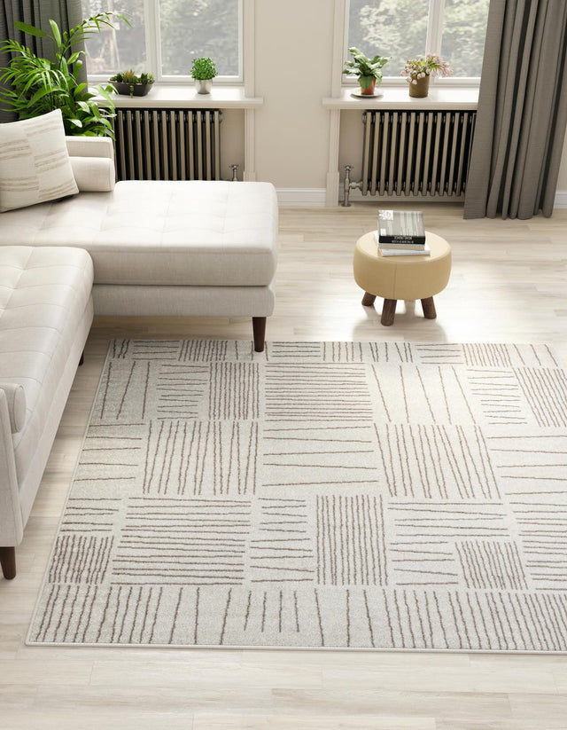 Ivory 7' 10 x 7' 10 Hanahan Square Area Rug 100% Polypropylene With Jute Backing Abstract Geometric Modern Carpet for Living, Dining Room, Office Space for Sale at Rug Engine