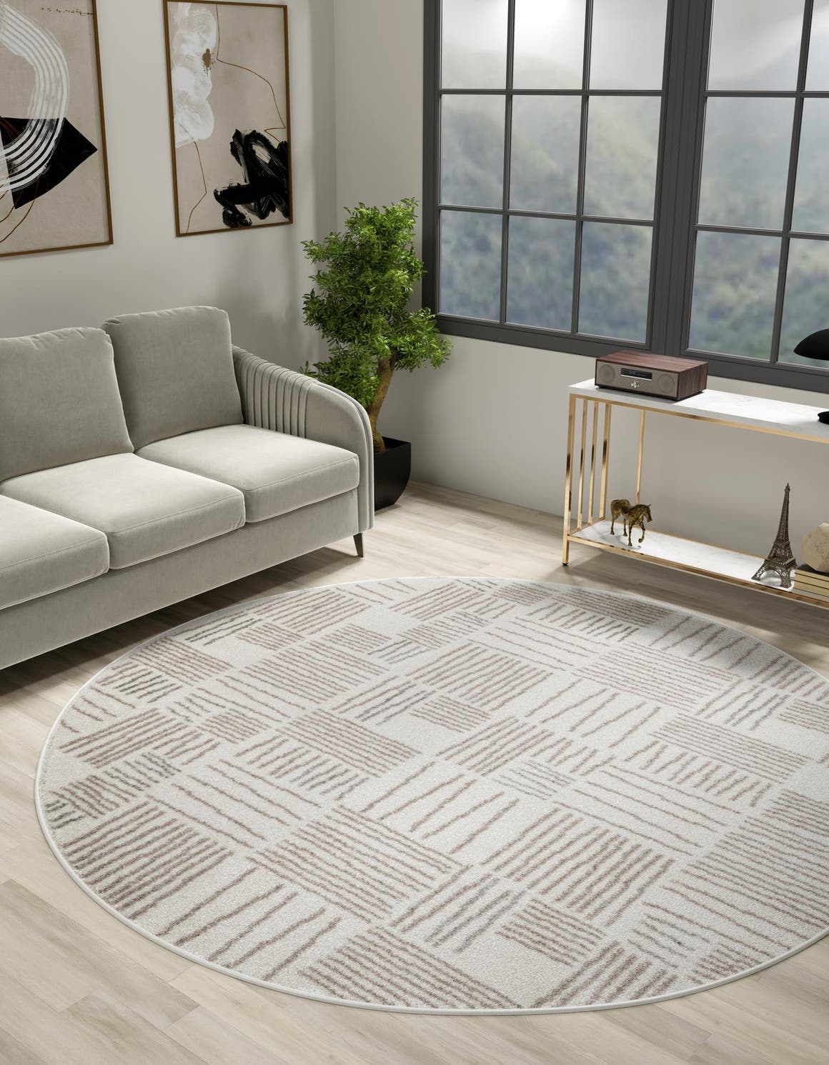 Ivory 7' 10 x 7' 10 Hanahan Round Area Rug 100% Polypropylene With Jute Backing Abstract Geometric Modern Carpet for Living, Dining Room, Office Space for Sale at Rug Engine